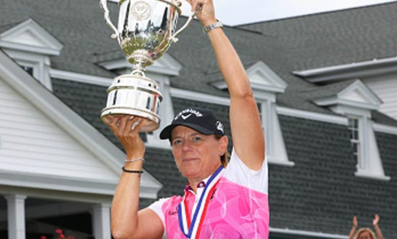 Annika Sorenstam of Sweden holds up the trophy after winning the 2021 U.S. Senior Women's Open Championship